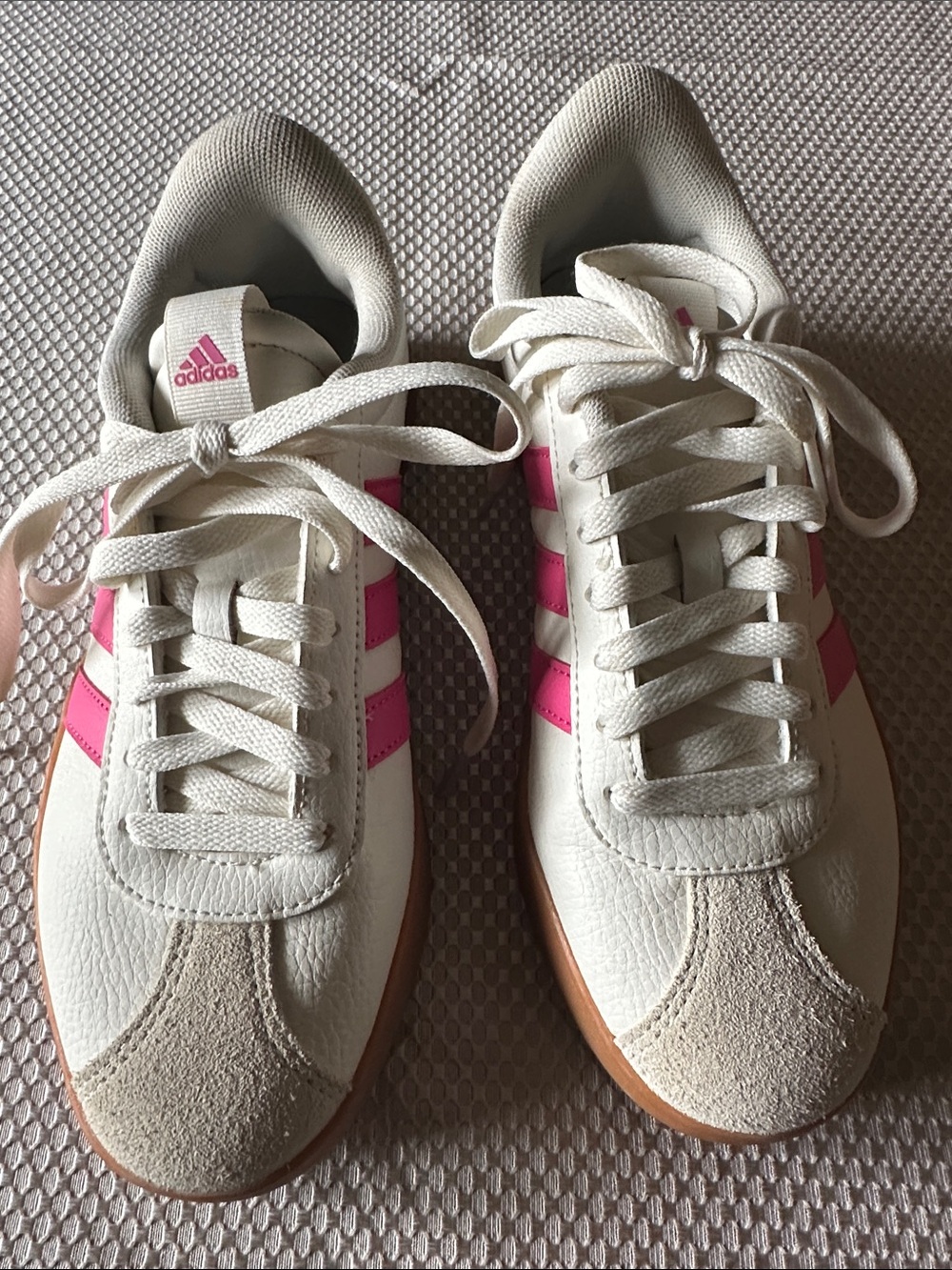 adidas White Sneakers with Pink Stripes and Gum Sole